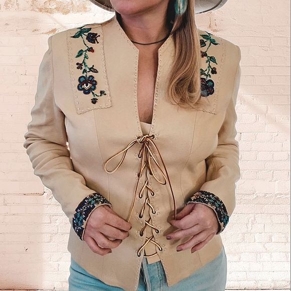 Gossamer Wings By Barbara Grimes Santa Fe Beaded Leather Lace-Up Pullover - Picture 5 of 14